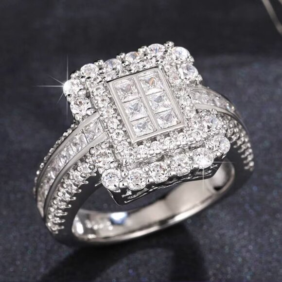 18k White Gold Diamond Ring Pave Diamond Princess Cut Ring - Picture 3 of 10